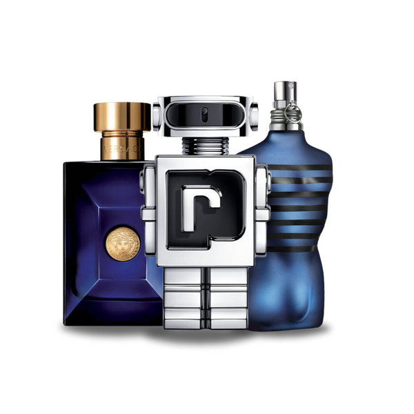 Kombination aus 3 Düften Versace-Parfums DYLAN BLUE, Paco Rabanne PHANTOM and Jean Paul Gaultier ULTRA MALE 100 ml